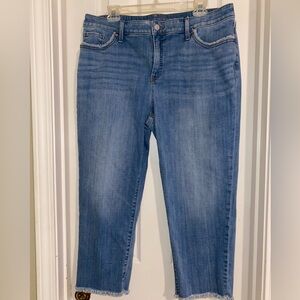 Chico's Mid-Blue So Slimming Girlfriend Slim Leg Crop with Frayed Hem